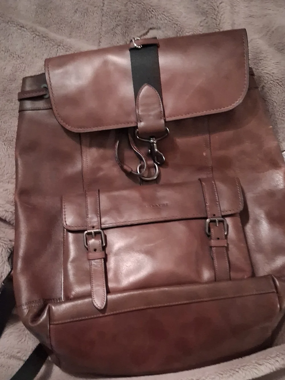 Coach Brown Leather Men's Backpack with Buckle Front Pocket and Hook Closure